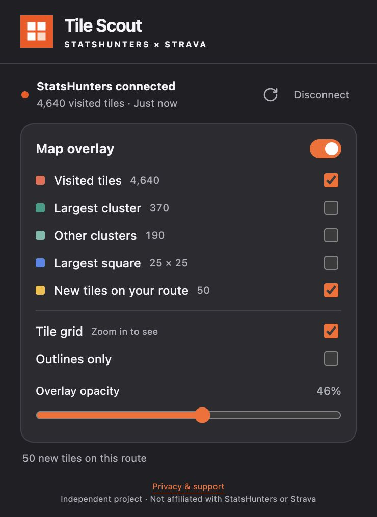 Tile Scout’s layer controls with example counts: 4,640 visited tiles, 370 in the largest cluster, 190 in other clusters and a 25 × 25 largest square.