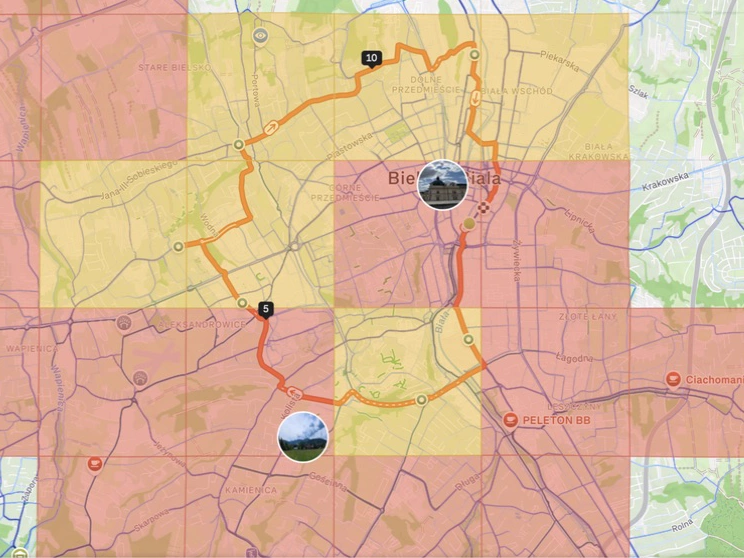 The demonstration route through Bielsko-Biała, with six new tiles highlighted in yellow and the blue largest-square layer hidden.